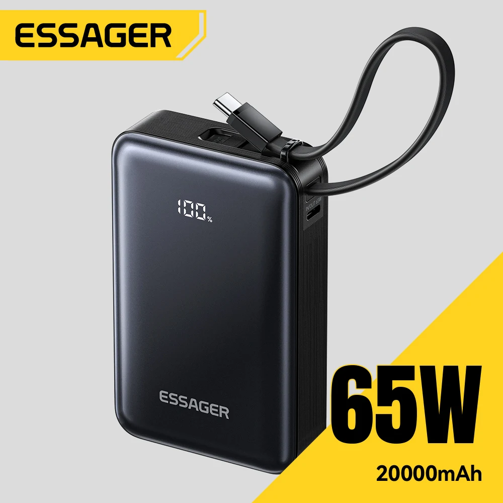

Внешний аккумулятор Essager 65W 20000 мАч со встроенным кабелем USB-C, портативное зарядное устройство для ноутбуков, быстрая зарядка PD для iPad iPhone 17 16 Pro Max