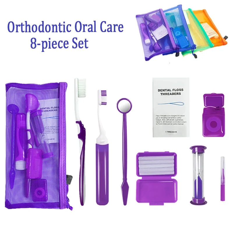 

Orthodontic Products Oral Cleaning Care Kit Toothbrush Protective Wax Dental Floss Mouth Mirror Interdental Brush Travel Case