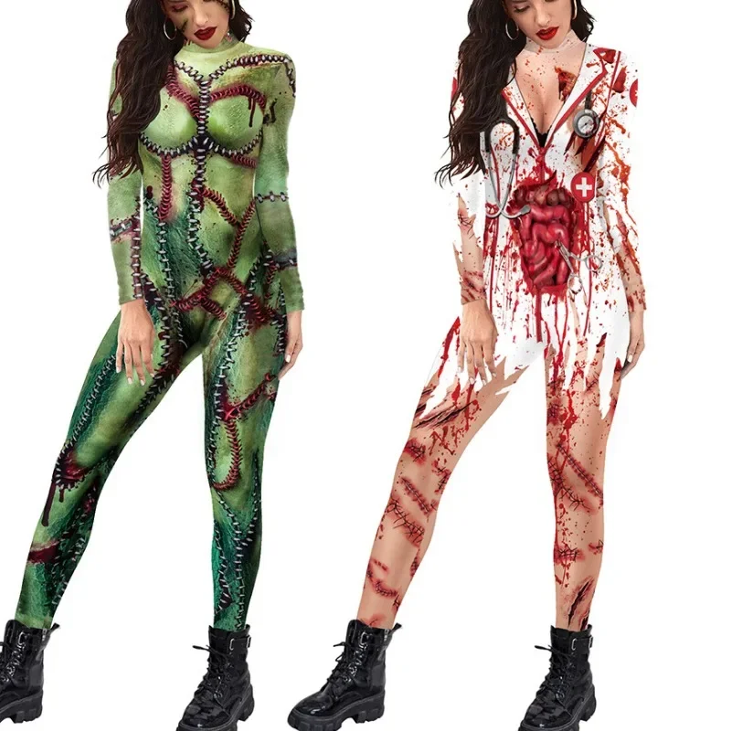 Halloween Cosplay Party Zenti Body voor Vrouwen Scary Horror Cosplay Jumpsuits Bloody Nurse Zombie Gedrukt Prestatiekostuum