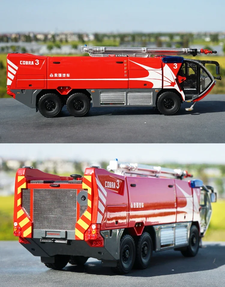 Modelo a escala de camión de bomberos de aeropuerto Cobra 3 de alta simulación 1:43, réplica fundida de motor de bomberos de espuma Yongqiang Carmichael ARFF para juguete