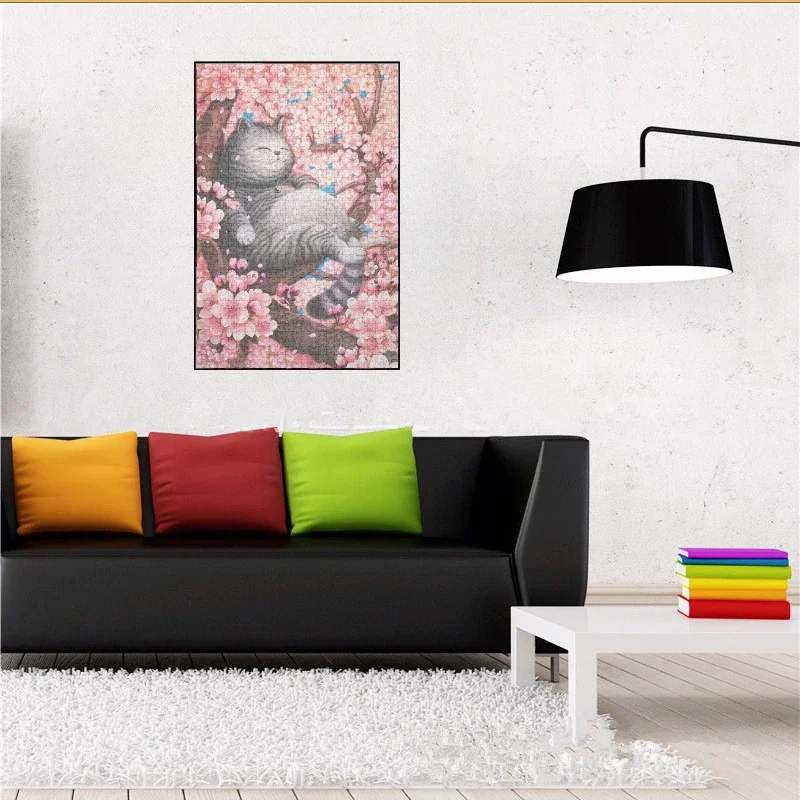 38*26cm Adults 1000 Pieces Paper Jigsaw Puzzles Cherry Blossom&Cat Cute Animals Paintings Stress Reducing Toys Christmas Gifts