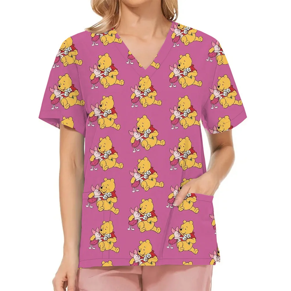 Winnie the Pooh Clinic Hospital Nurse Workwear Teeth 3D Printing T-shirt Women's V-neck Pocket Medical Clothing Nursing Top Work