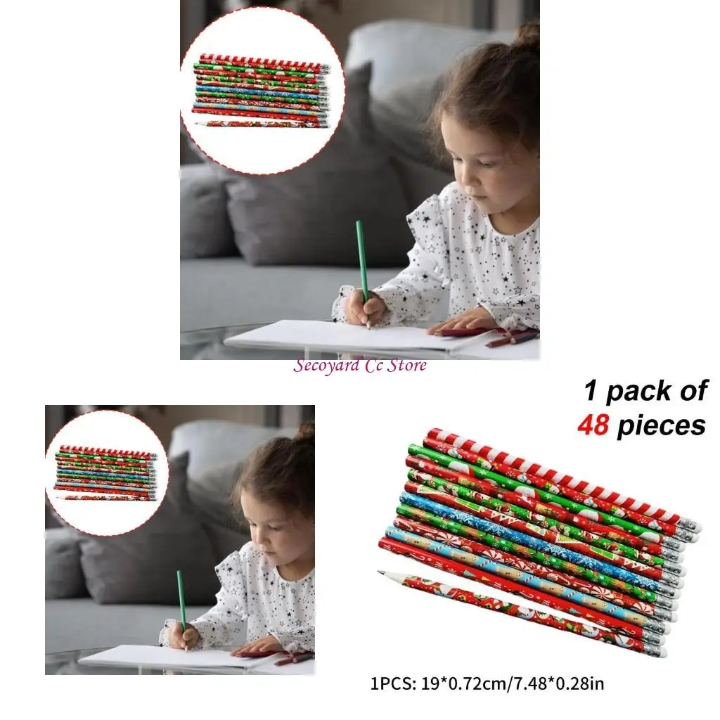 

N3UC 48Pcs Cartoon Christmas Pencil with Erasers Writing Pencil for Kid Student Class Reward Christmas Stocking Fillers