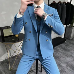 2023 Fashion Men's Leisure Boutique Slim Business Solid Color Double Breasted Wedding Dress Suit Blazers Jacket Coat Pants Vest