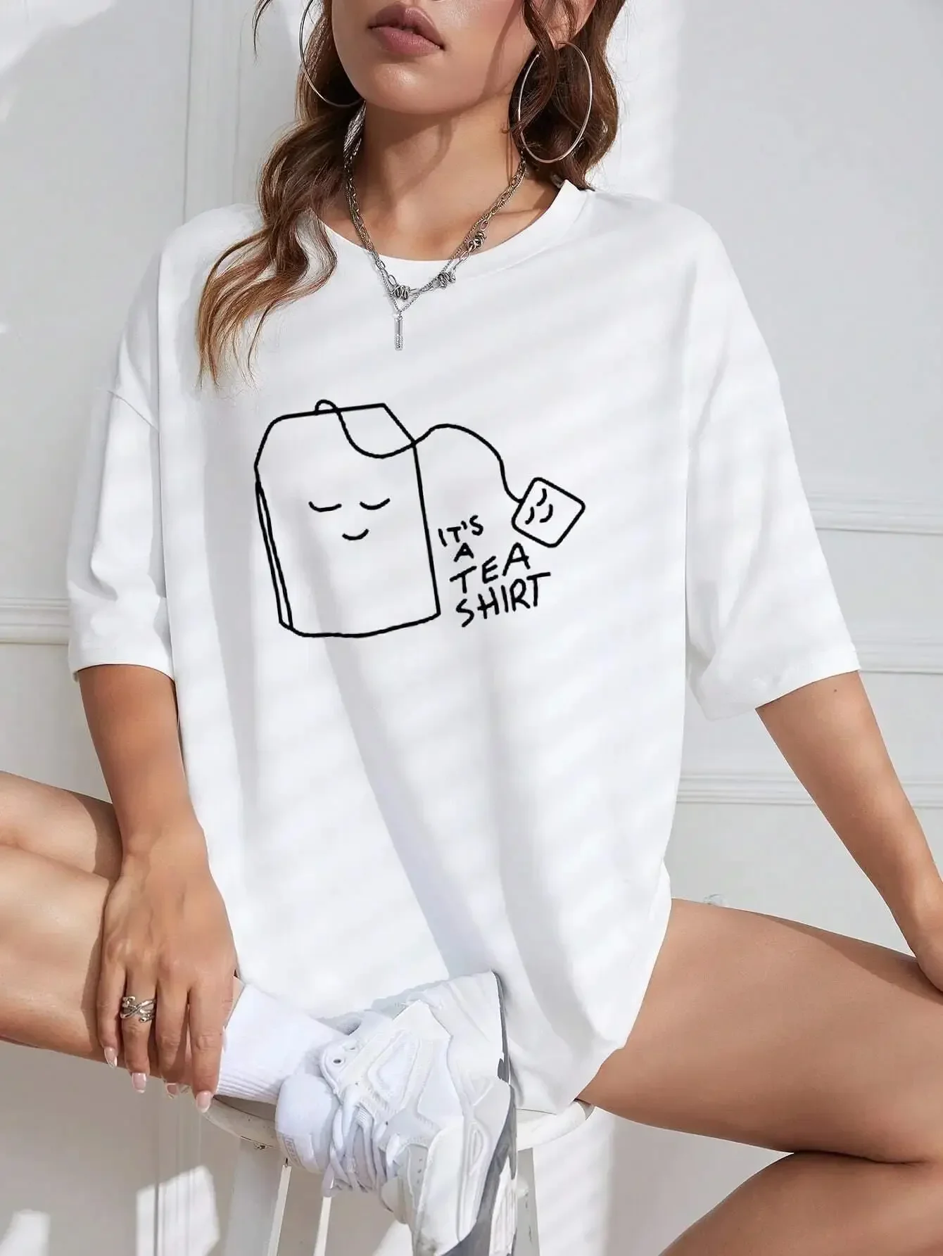 100% Cotton Women T-Shirts It's Tea Shirt Letter Printing Tees Casual Soft Short Sleeve Tops Loose Comfortable Street Clothes