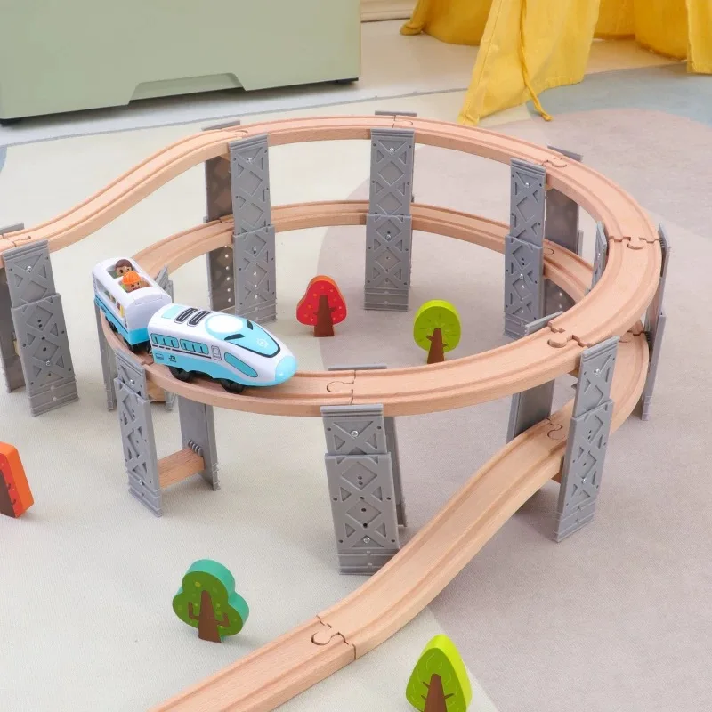 New Colorful Wooden Spiral Railway Tracks Circular Bridge Piers Spiral Ascending Orbit Wood Track Toys for Children Gifts