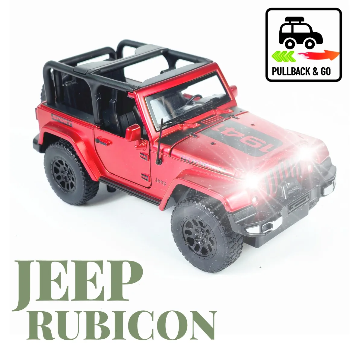 Scale 1:32 Jeep Wrangler Rubicon Pullback Car Toy with Lights Engine Sound, Metal Diecast Car Model Gift Kid Boy Toy