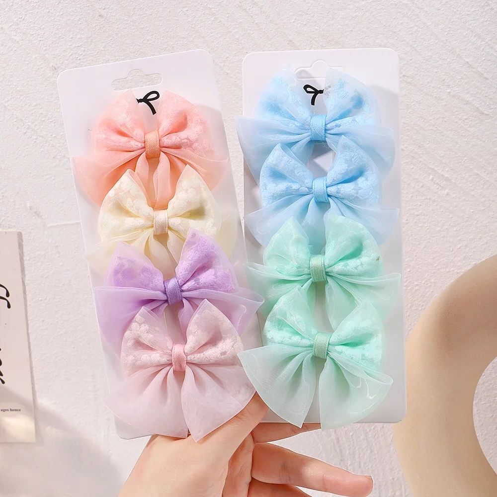 4Pcs/set Princess Cheer Bowknot Hair Clips for Girl Sweet  Gauze Handmade Hairpins Children Hairgripes Delicate Kids Headwear