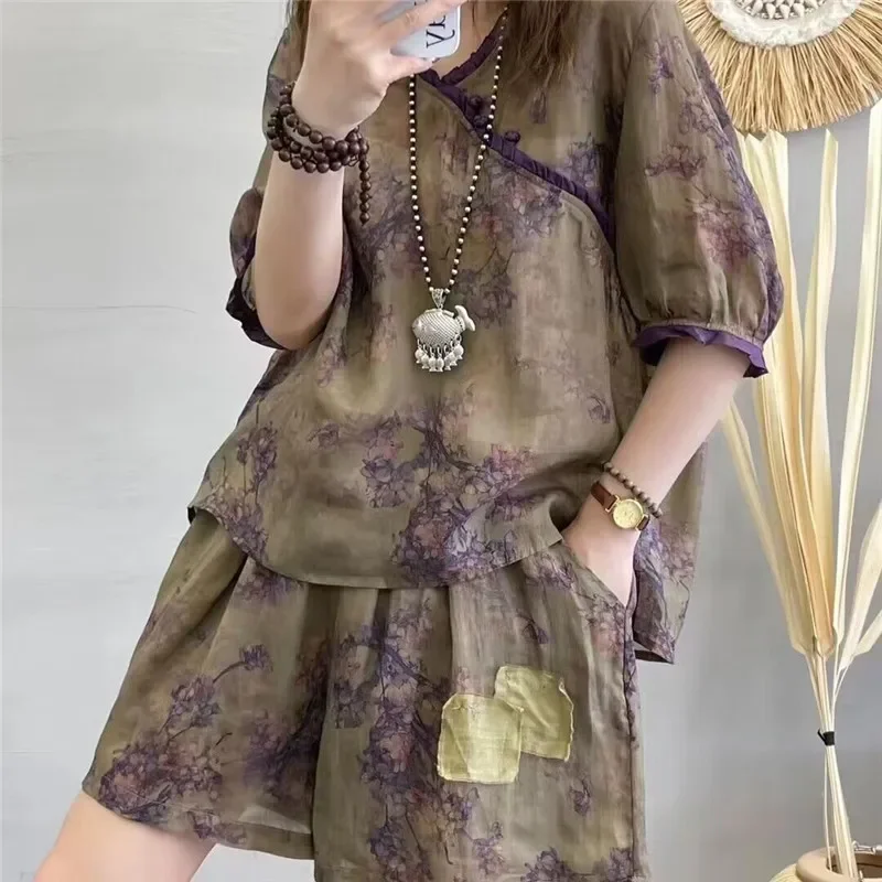 Autumn New Literary Retro Printed Two Piece Set for Women Patch Shorts Slanted Button Ruffle Neck Linen Blouse