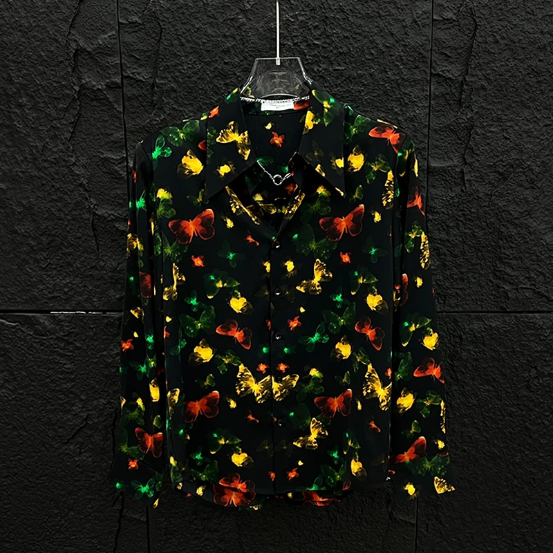 2025 الصيف فراشة الطباعة موضة الشيفون قميص طويل الأكمام الرجال النساء الكتف مبطن قمصان أنيقة غير رسمية