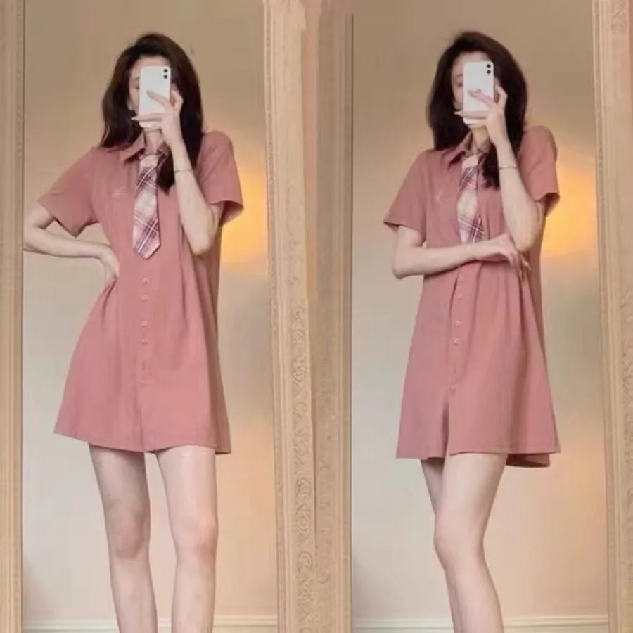 

【New Arrival】Pink Preppy Style Shirt Mini Dress, Short Sleeve with Plaid Tie, Casual & School Wear for Women
