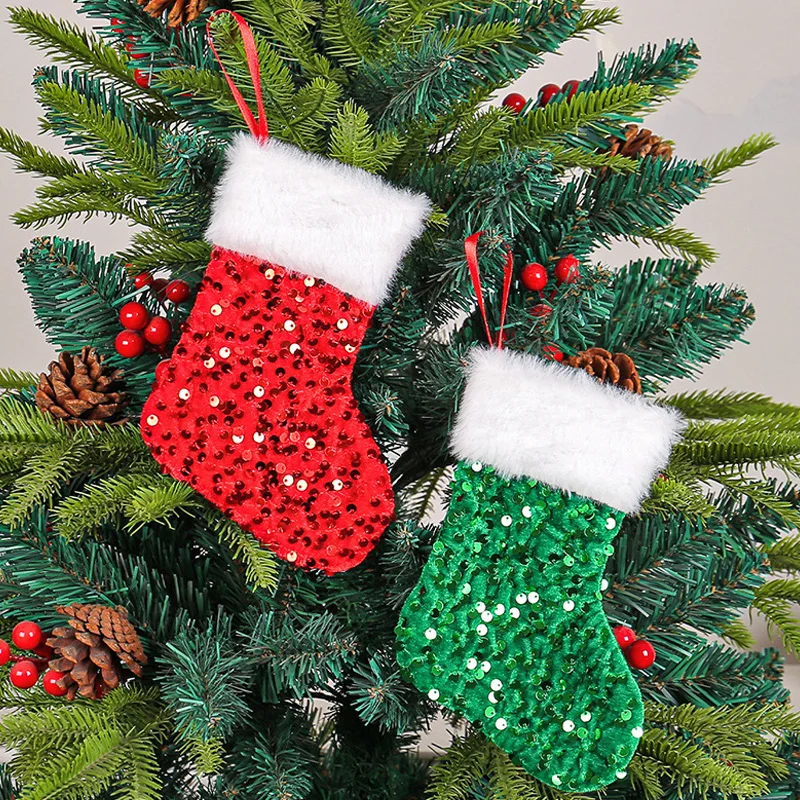 Sparkling Plush Christmas Socks Xmas Tree Fireplace Bedside Decorative Gift Candy Bags New Year Party Hanging Pendant Decor