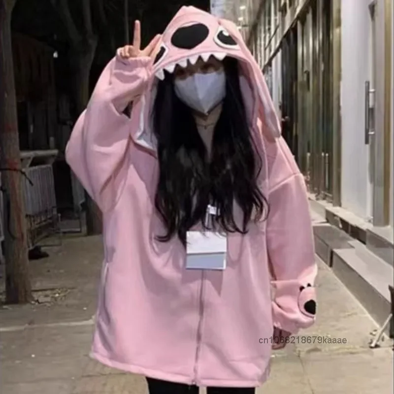 Disney Stitch College Style Pink Hoodie Cartoon Cute Loose Casual Hooded Sweatshirt Women\'s Spring Autumn Korean Style Cardigan