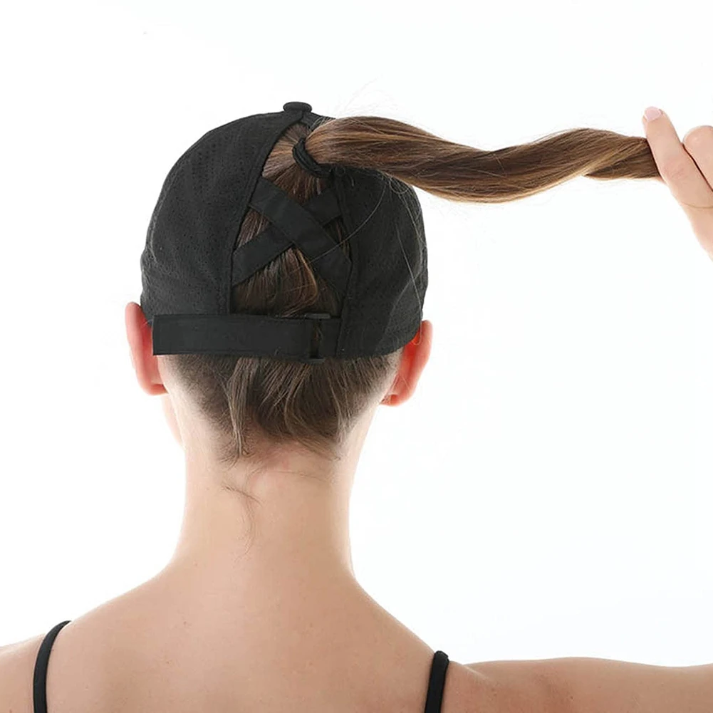 2Pcs 여성 크리스 크로스 포니테일 야구 모자, 핑크 + 블랙