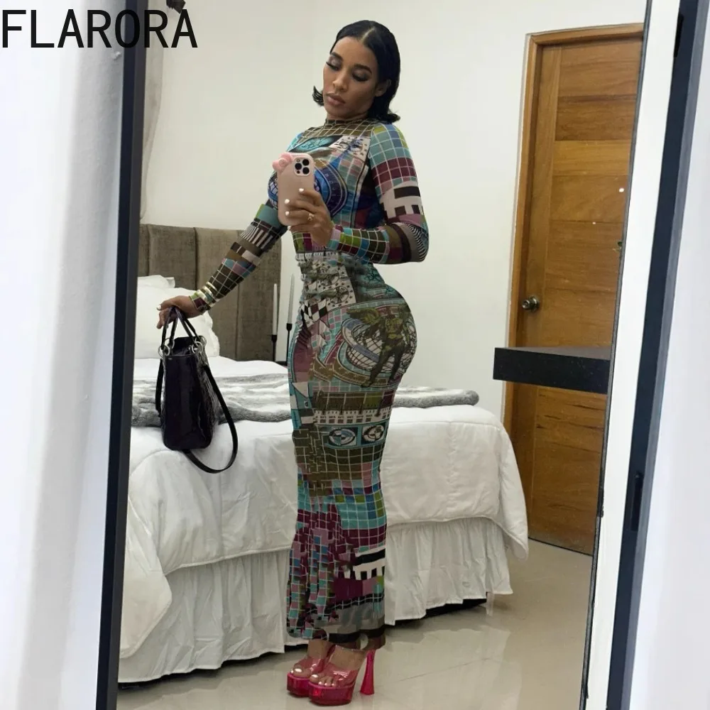 

FLARORA Vintage Digital Printing Dresses Woman Round Neck Long Sleeve Bodycon Dresses Female Party Clubewear Vestidos 2025 New