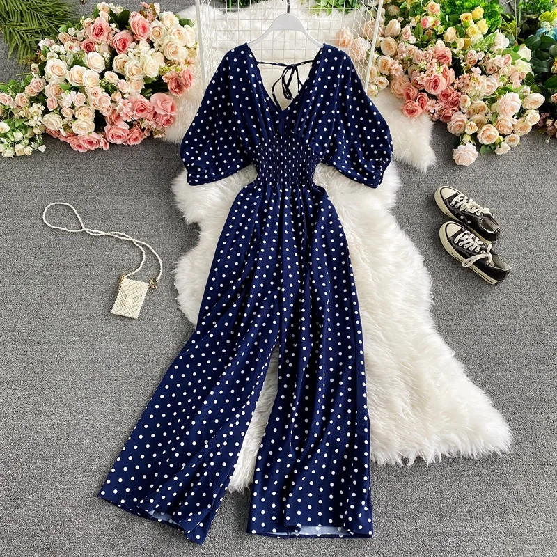 V Neck Sexy Dolman Sleeves Waist Slim Polka Dot Print Jumpsuit Women Wide Leg Trousers Jumpsuit