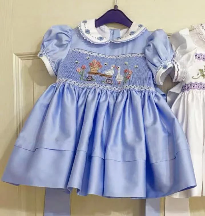 0-6Y Baby Girl Summer Light Blue Handmade Embroidery White Smocked Dress for Eid Birthday Party Holiday Photography Casual A333