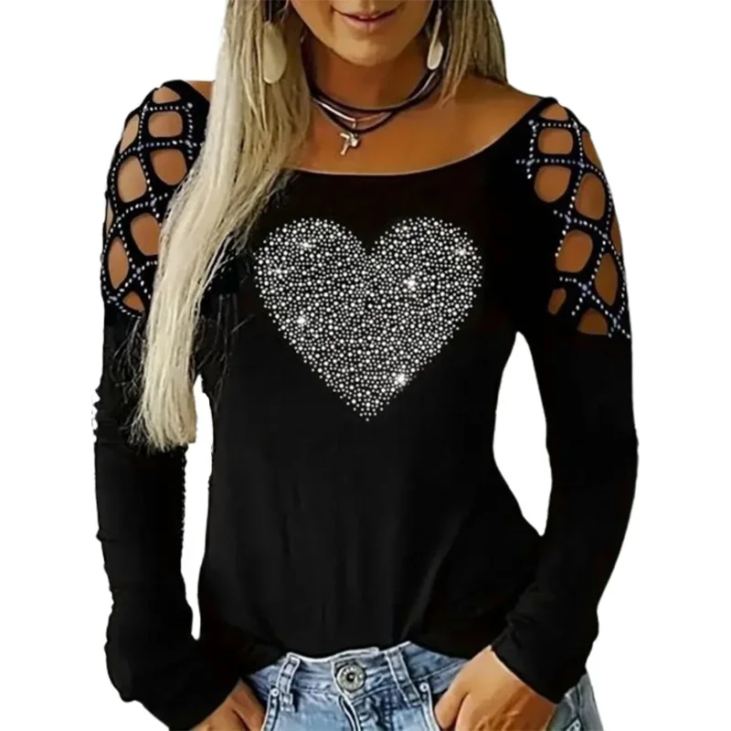 Fashion Zircon Heart Blackl T-shirt Women Solid Color Hollow Long sleeved Tops