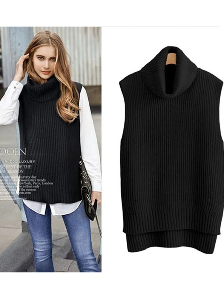 Autumn And Winter New Turtleneck Sweater Cashmere Vest Women\'s Sleeveless Female Sweater Vest Large Size Vest Loose Slit  Wool