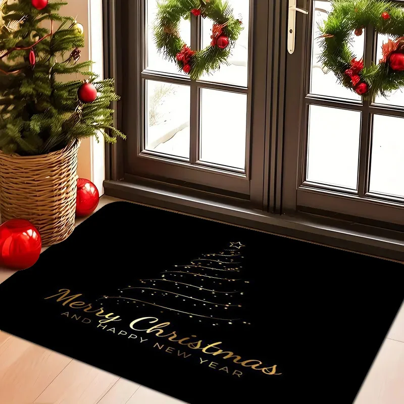 1pc 2D Flat Golden Line Abstract Christmas Tree Rug, Soft Mat, Black Background, Indoor Entryway Holiday Decor