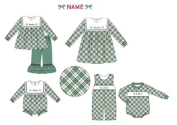 Christmas boutique children's set long-sleeved elastic plaid bow letter custom printed trousers lace girl set baby romper dress