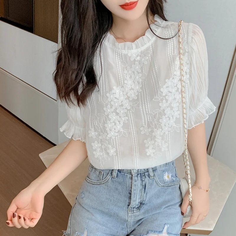 Summer Short Sleeve Embroidery Lace Chiffon Women Blouse Elegant Hollow Out Stand Collar White Tops Casual Shirt