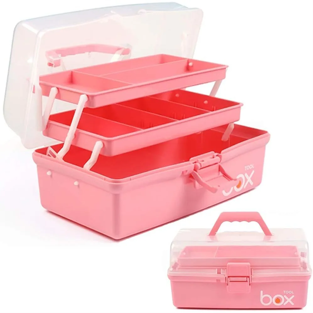 

12in 3-Layer Plastic Craft Organizer, Portable Folding Tackle Box with Handle & Adjustable Dividers, Multipurpose Case for