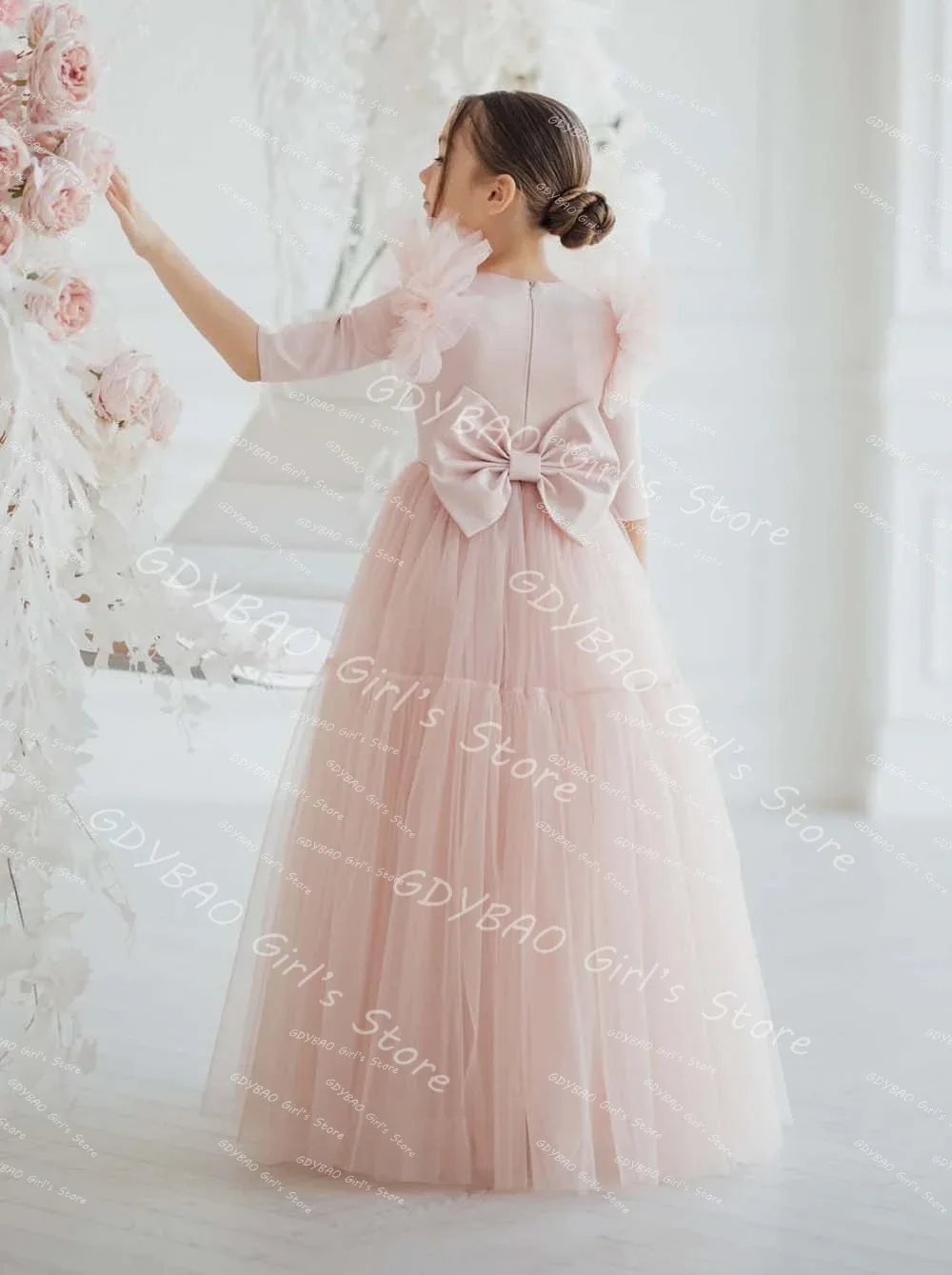 Vestido de niña de flores rosa personalizado con lazo, vestido de comunión de tul escalonado de media manga para niños, vestido largo de fiesta de cumpleaños