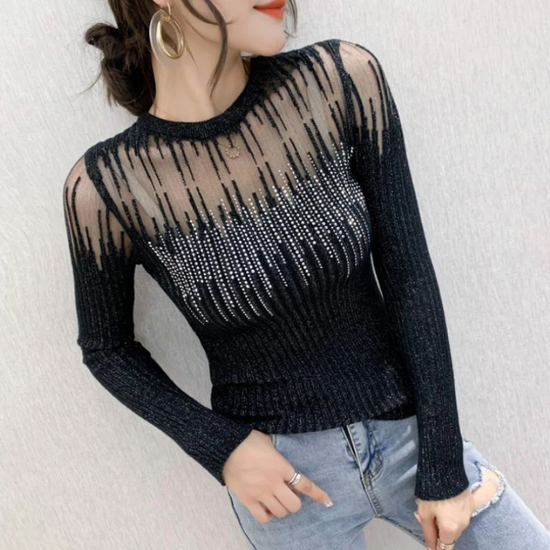 Женские пуловеры со стразами, тренд по акции, осень-зима 2025, элегантный оригинальный женский вязаный свитер из сетки для работы