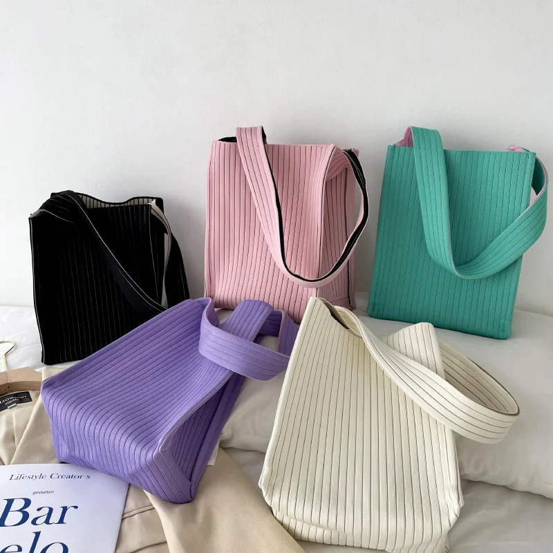 Fashion Women's Geometric Pleated Bags Korean Style Knit Large Capacity Shoulder Bag Ladies Shopping Bag Female Tote Handbag