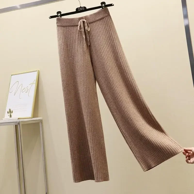 

2024 New Drape High-waist Wide-leg Autumn And Winter Fashion Loose Knit Straight-leg Pants Lace-up Casual Women Clothing