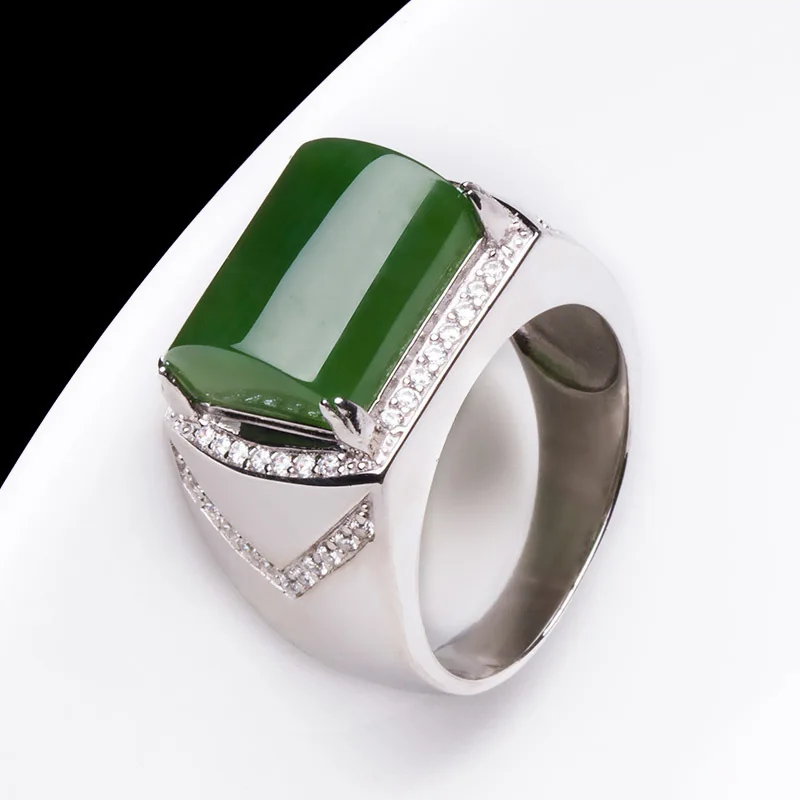 Hotan Men'S , Silver Inlaid Jadeite , Jade Ring