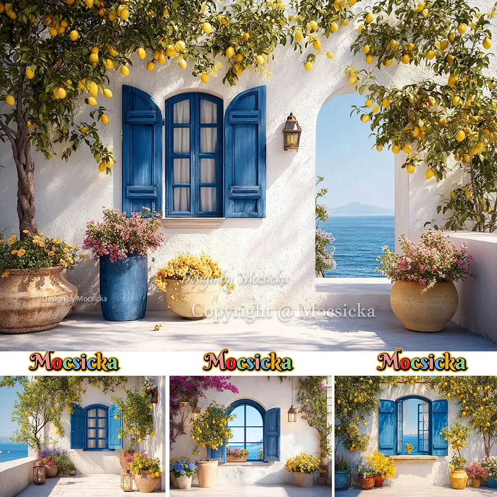 Mocsicka Summer Mediterranean Photo Backdrop Photography Lemon Tree Blue Window Ocean Background Wedding Baby Shower Photobooth