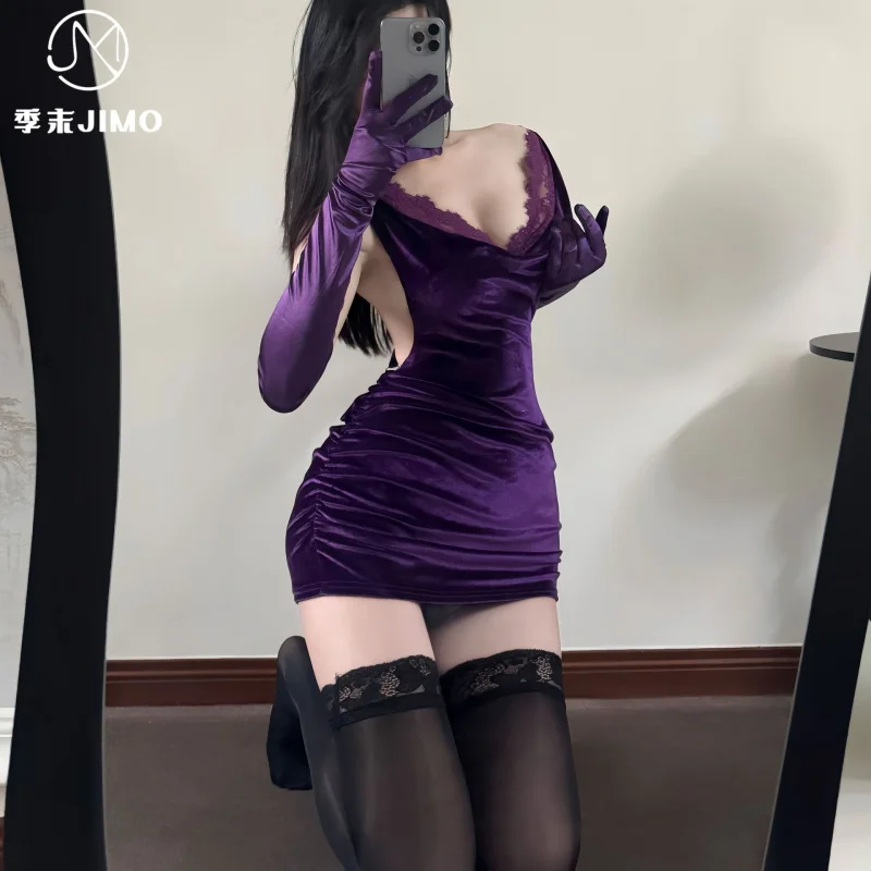 

Seductive Purple Velvet Suspender Dress With Hip Wrap