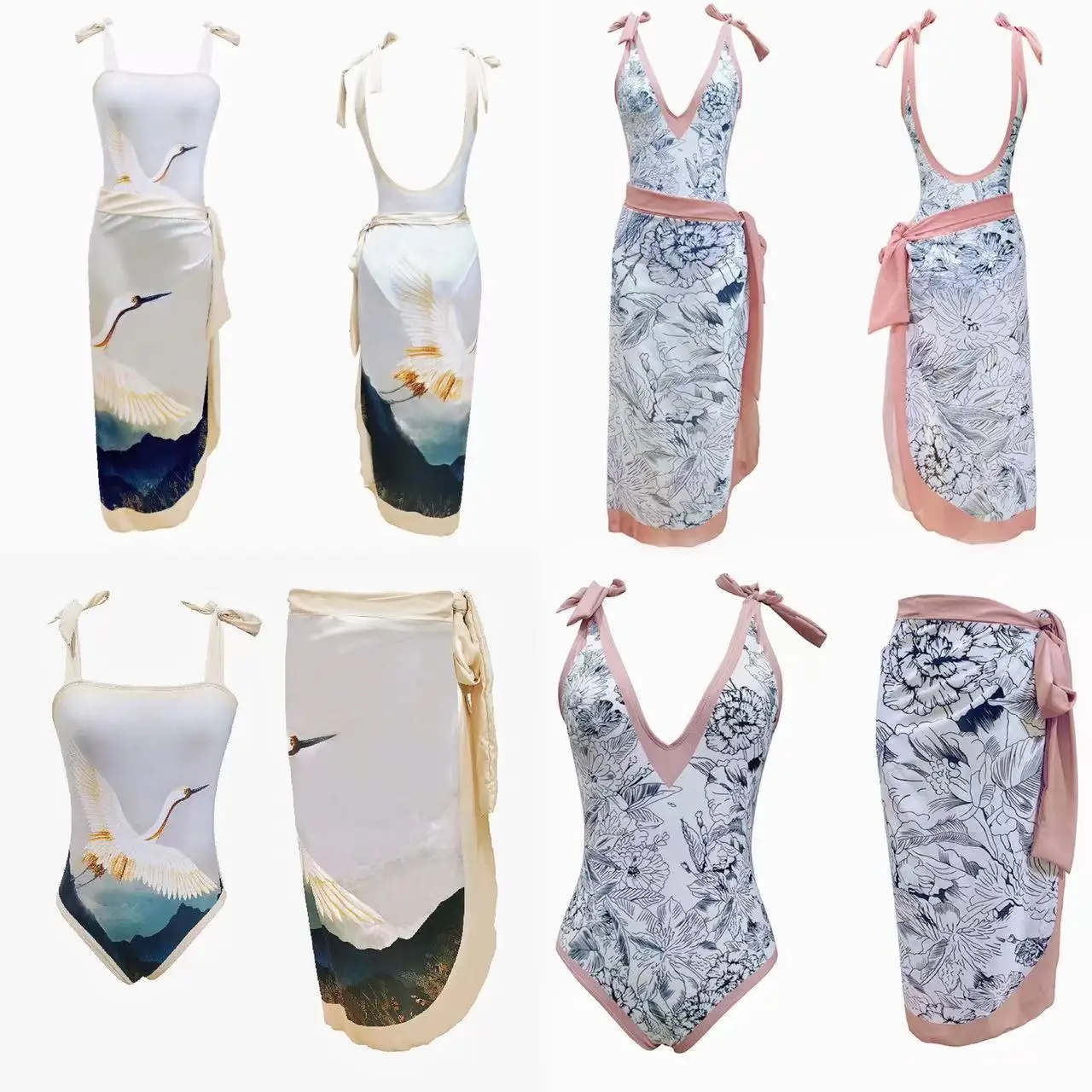 

2025 new European and American printed bikini women's swimsuit two-piece one-piece French retro bikini gauze skirt