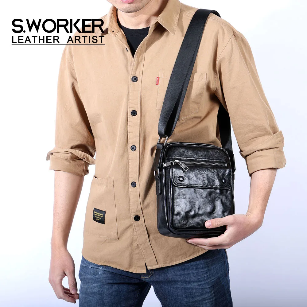 S.WORKER Echtleder Herren Umhängetasche Messenger Bag Crossbody-Taschen für Männer Rindsleder Oberleder Modischer Casual-Stil – Detail 2