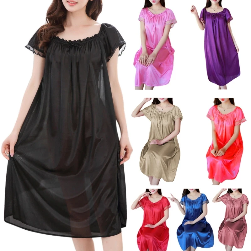 Womens Summer Lace Ice Silk Nightdress Short Sleeve Loose Nightgown XL Drop Shipping