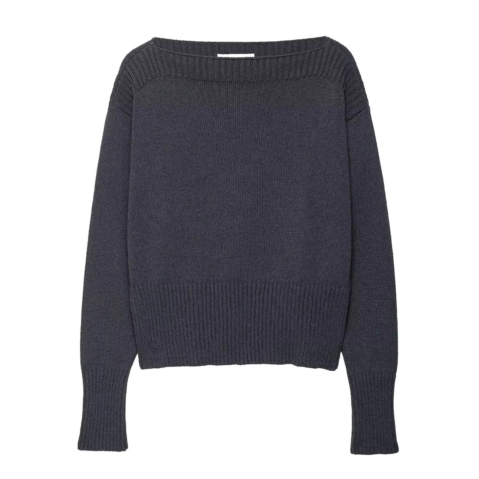 

Woman's Knit Sweater Boat Neck One-shoulder Slim-fit Pleated Long-sleeved Pullover Simple Commuting Early Autumn New Top