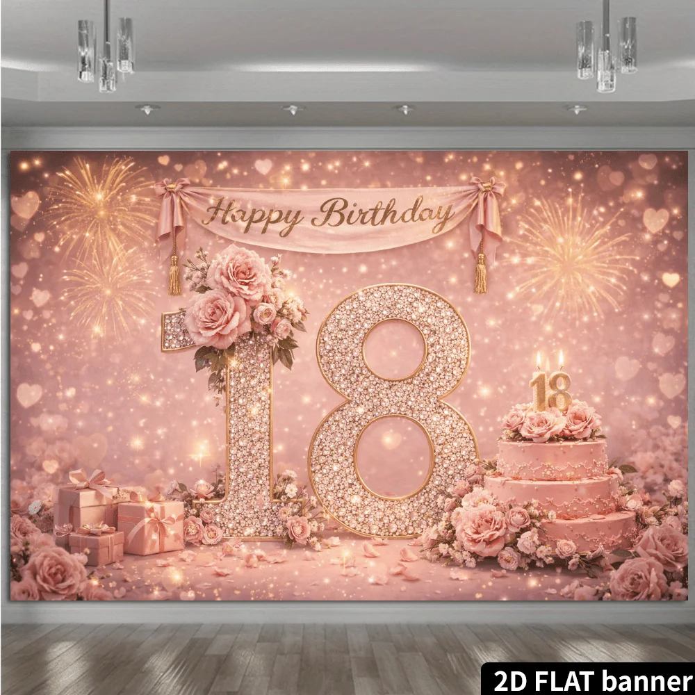2D flat colored fireworks 18th birthday backdrop cloth with diamond-encrusted numbers 18 and fireworks cake elements yzb