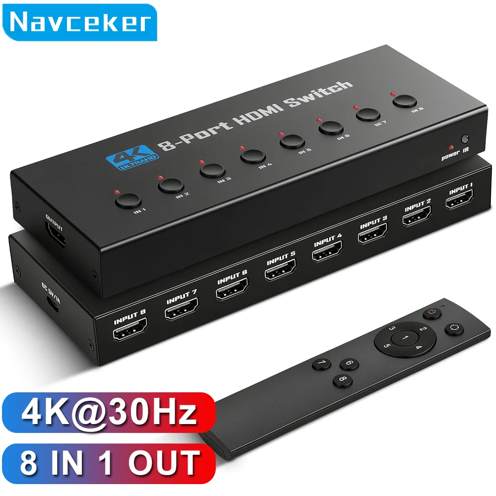 Navceker HDMI Switch 8 in 1 out 4K 60Hz HDMI Switch 8x1 4X1 HDR HDMI 2.0 Switcher Remote for PS4 PS5 Xbox Series X PC 4K HDTV