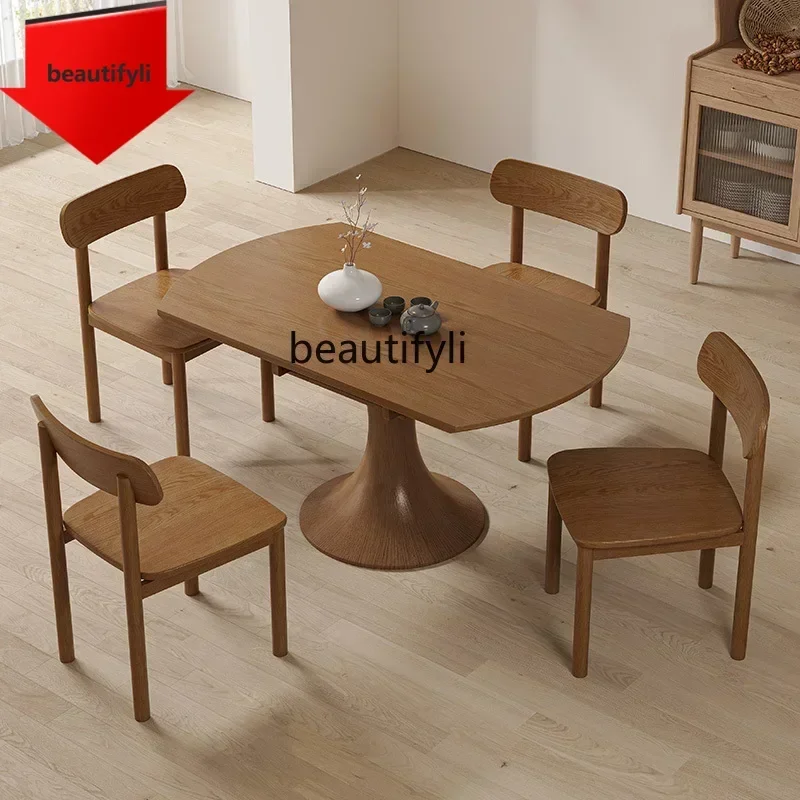 Q181 lbNordic  wood square becomes round dual-purpose dining table Modern household round retractable folding dining table and c