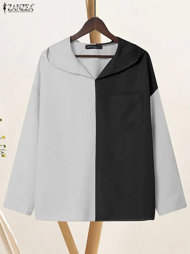 ZANZEA Modna Damska Bluzka z Długim Rękawem i Kapturem 2026 Jesień Kontrastowe Kolory Bluzki Codzienne Wiosenne Koszule Patchworkowe Pulowery