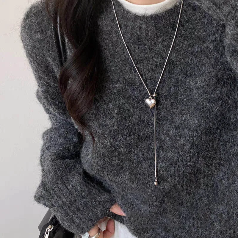Stainless Steel Long Necklace with Heart Pendant Adjustable Chain Sweater Jewelry for Women Accessories image 2