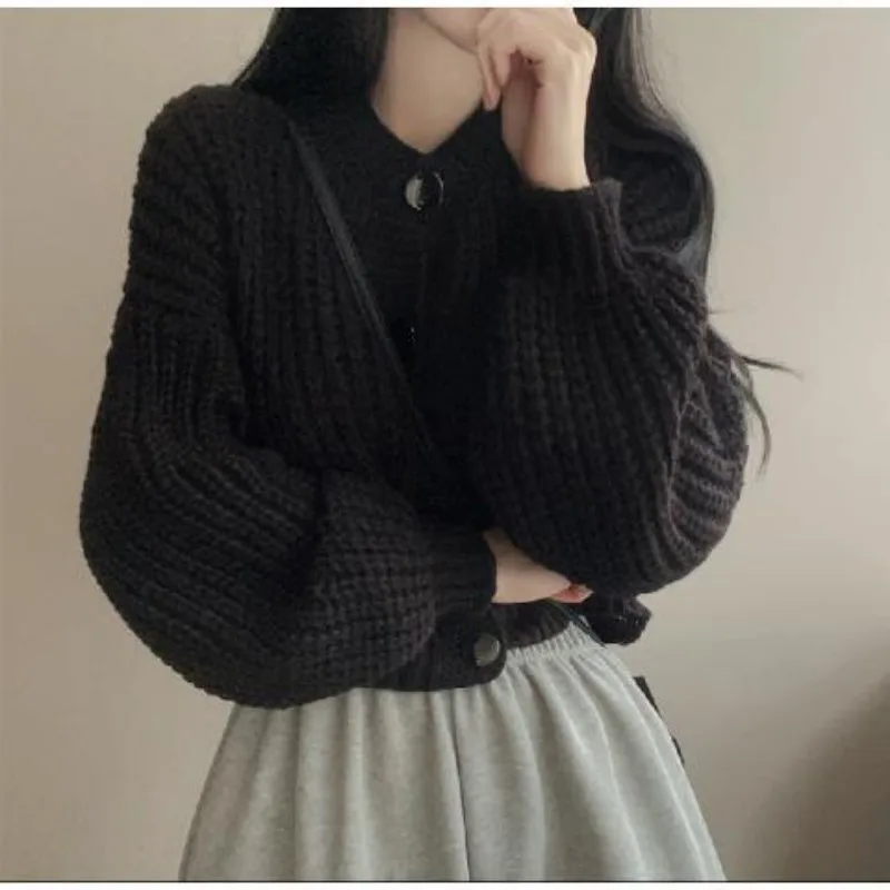 Solid Sweaters for Women Pull Femme Autumn O Neck Short Knitted Cardigan Tops Outwear Korean Black Jacket Sueters De Mujer