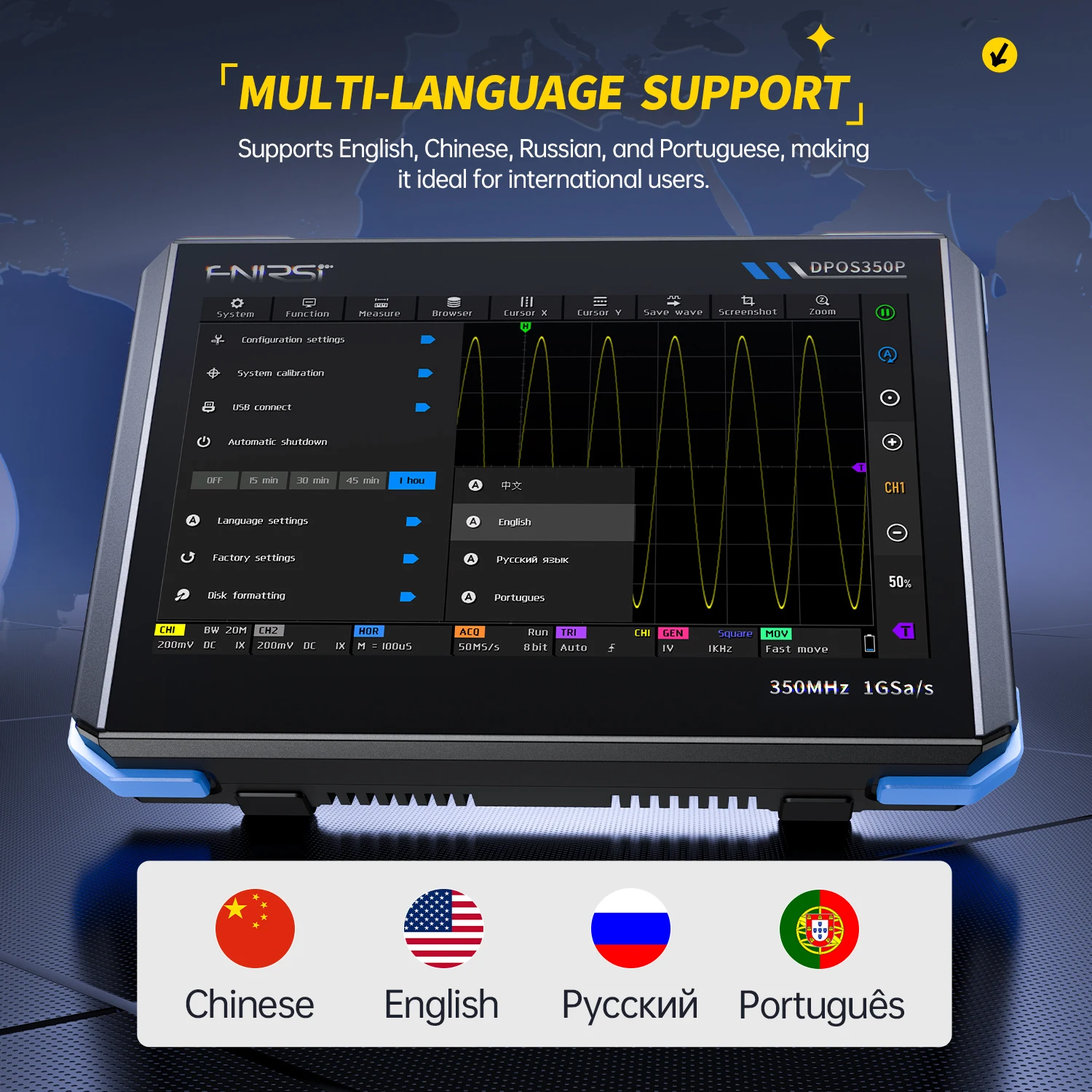FNIRSI DPOS350P 4-in-1 Tablet Oscilloscope 350MHz 1GSPS Signal Generator Spectrum Analyzer Touch Screen Portable Lab Tool Kit