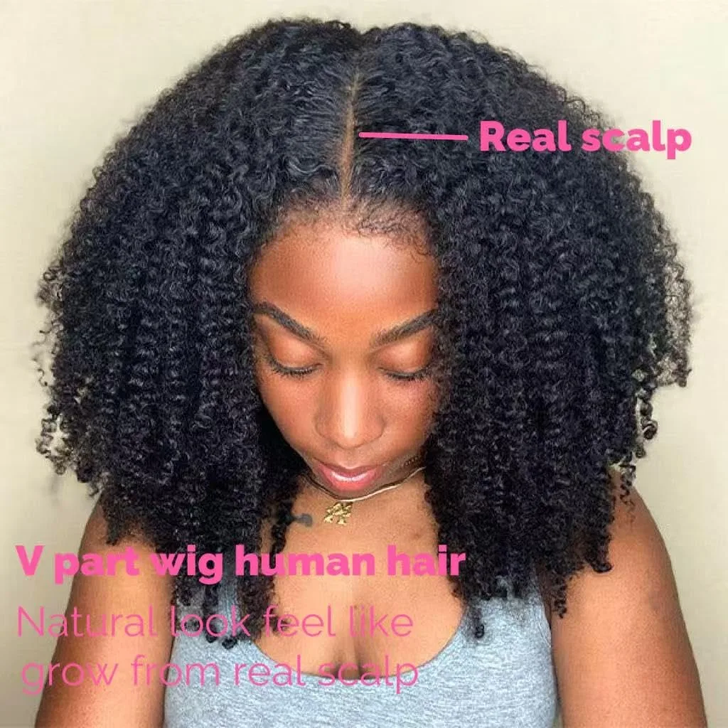 

12A Curly Bob V Part Wig Human Hair No Leave Out Thin Part Wig 100% Human Hair Afro Kinky Curly U part Wig Half Wig Machine Made