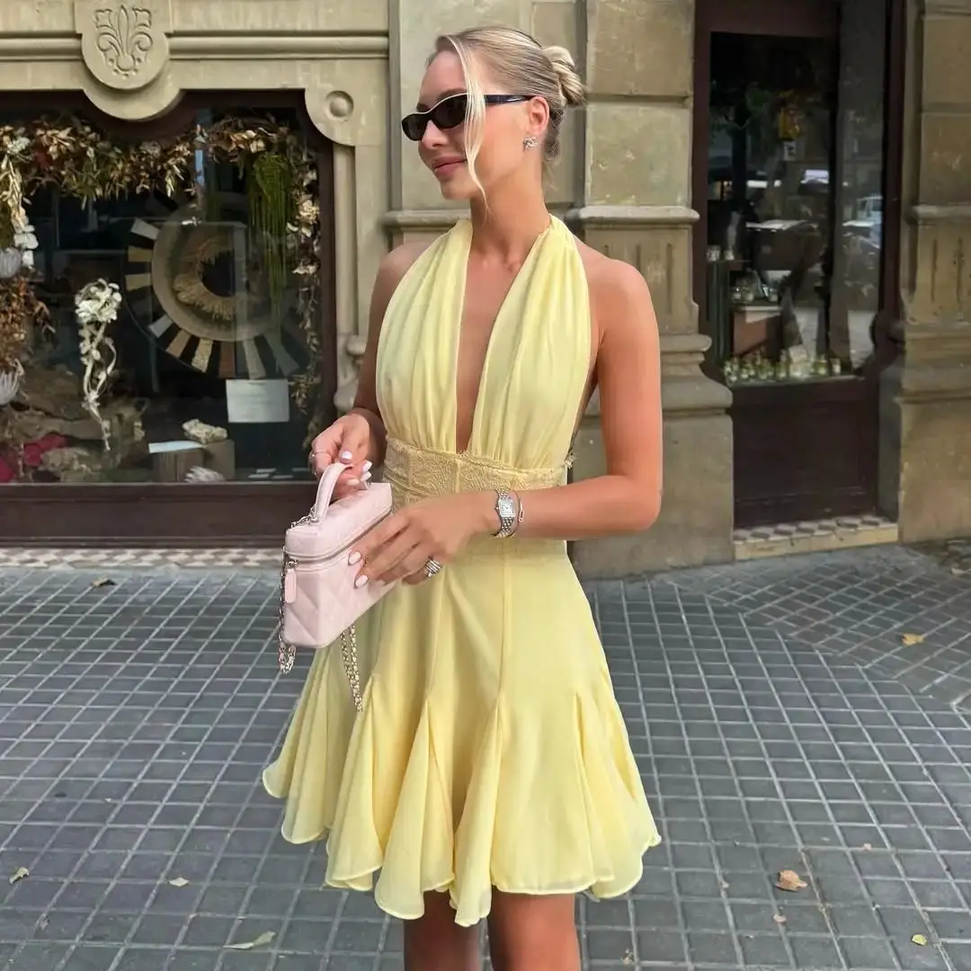 Ofherown جديد أصفر الرسن العميق الخامس عارية الذراعين الدانتيل الشيفون فستان سهرة صغير المرأة أنيقة حفلة كوكتيل ثوب رسمي فساتين لحضور الحفلات الموسيقية