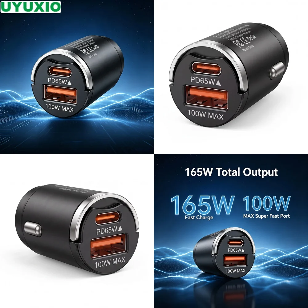 165W Two Port Car Charger Compact Zinc Alloy Metal Body USB C 65W and USB A 100W Dual Charging for Multiple Mobile Devices