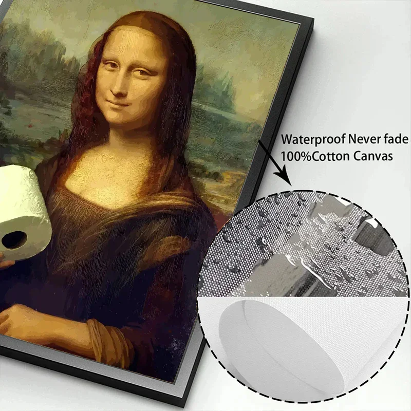 Funny Bathroom Toilet Painting Mona Lisa Wearing Pearls Girl with Roll Paper Canvas Prints Posters For Washroom Home Wall Decor