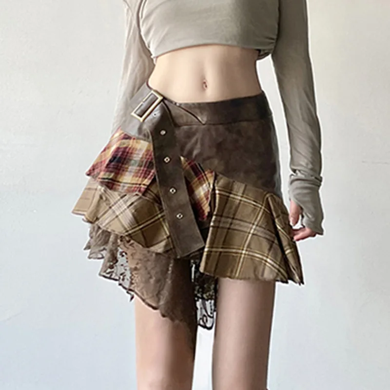 Retro Women’s Mini Skirts Lace Stripes Plaid Leather Irregular Fashion Chic Design Short Dresses